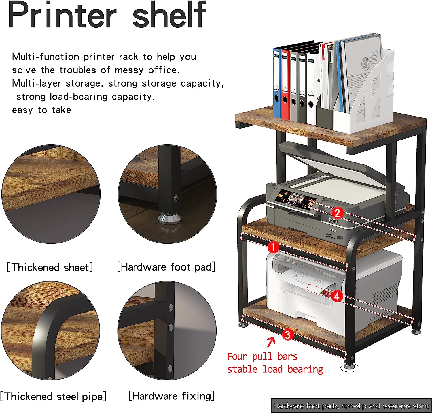 HOUYISHEYUE Home Printer Stand Vintage Printer Stand with 3 Tier Wood Storage Shelves Multi-Purpose Desk Organizer for Fax Machine, Scanner, Files, Books with Adjustable Anti-Skid Feet (Brown) - Image 5